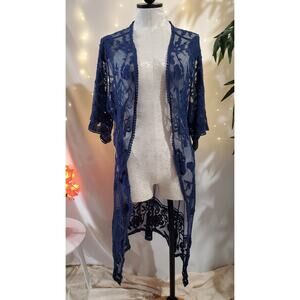 Francesca's Blue Rain Dizzy Lizzy Floral Lace Mesh Boho Kimono Women Size S Blue